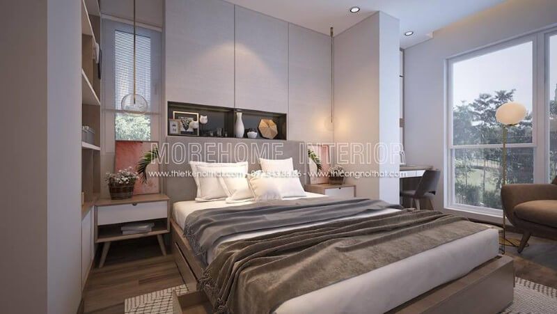 Trang trí nội thất phòng ngủ với các mẫu décor trang trí như kệ trang trí, vách ốp đầu giường, thiết kế âm tường giúp tối giản cho căn phòng
