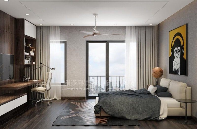 Phòng ngủ con được thiết kế theo phong cách hiện đại độc đáo nhưng khá thông thoáng từ góc học tập, cửa sổ, ban công, giường tối giản.