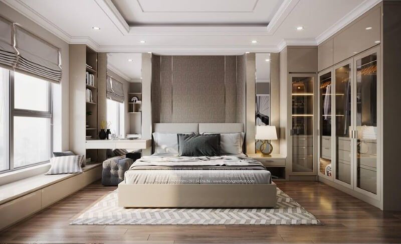 Nội thất phòng ngủ hiện đại với nhiều đồ nội thất đáp ứng đầy đủ nhu cầu sinh hoạt cảu gia chủ