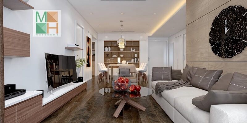 Trang trí phòng khách chung cư đẹp với đồ nội thất nhỏ gọn tiện nghi: đồng hồ treo tường độc đáo, kệ ti vi, bộ sofa màu trắng