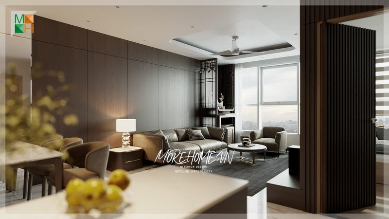 Thiết kế nội thất phòng khách căn hộ mở với các không gian khác tạo nên sự thông thoáng