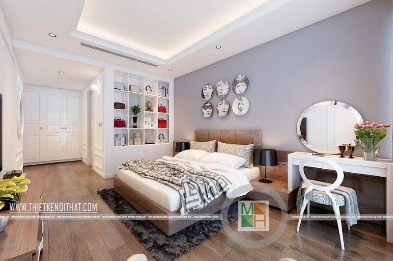 Thiết kế phòng ngủ chung cư cao cấp cho cô nàng độc thân cá tính với kệ trưng bày túi sách độc đáo và các đồ nội thất đơn giản tiện nghi mang đến căn phòng ngủ lí tưởng